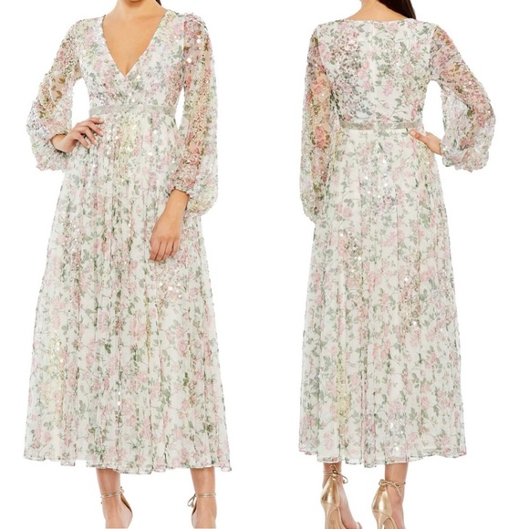 Mac Duggal Embellished Floral Print Faux Wrap A Line Dress with Sequins - 6 - Picture 1 of 4